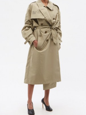 VETEMENTS Human Identity belted cotton-blend trench coat ~ womens designer slogan print coats ~ tie waist outerwear