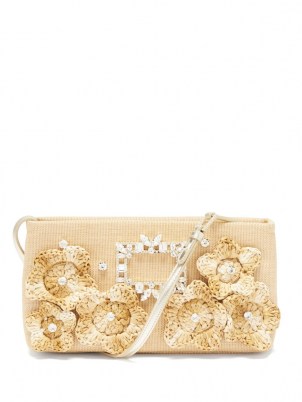 ROGER VIVIER Nightlily floral-appliqué beige canvas shoulder bag / luxe baguette inspired bags / small feminine handbags / 3D raffia flowers / women’s occasion accessories - flipped