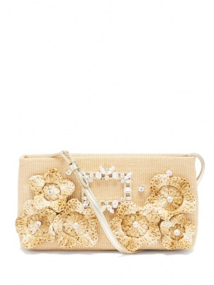 ROGER VIVIER Nightlily floral-appliqué beige canvas shoulder bag / luxe baguette inspired bags / small feminine handbags / 3D raffia flowers / women’s occasion accessories