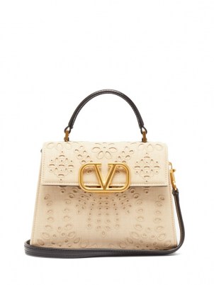 VALENTINO GARAVANI V-Sling San Gallo embroidered beige canvas bag ~ boxy designer top handle bags ~ luxe handbags - flipped