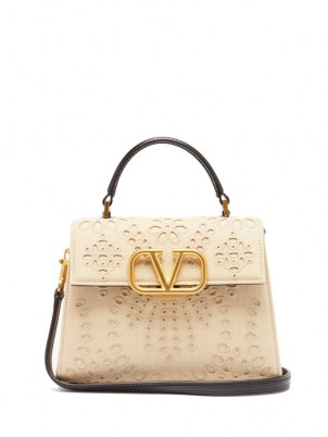 VALENTINO GARAVANI V-Sling San Gallo embroidered beige canvas bag ~ boxy designer top handle bags ~ luxe handbags