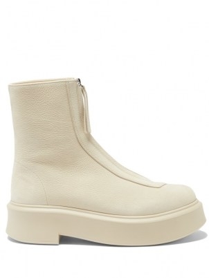 THE ROW Zip-front leather ankle boots ~ womens beige chunky sole boot ~ women’s designer footwear - flipped