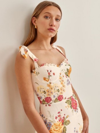 REFORMATION Nikita Dress in Bouquet / fitted bodice tie shoulder strap dresses / tiered hem / floral prints - flipped