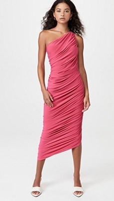 Norma Kamali Diana Gown Rose / glamorous pink ruched asymmetric one shoulder dresses / feminine occasion gowns / womens party fashion / evening glamour - flipped
