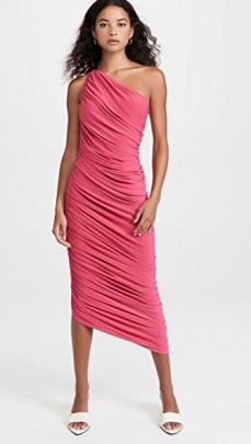 Norma Kamali Diana Gown Rose / glamorous pink ruched asymmetric one shoulder dresses / feminine occasion gowns / womens party fashion / evening glamour