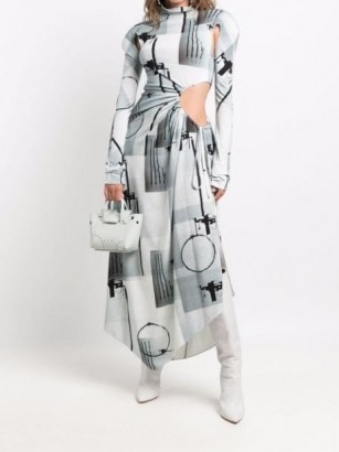 Off-White abstract-print cut-out long dress ~ long sleeve asymmetric hem dresses - flipped