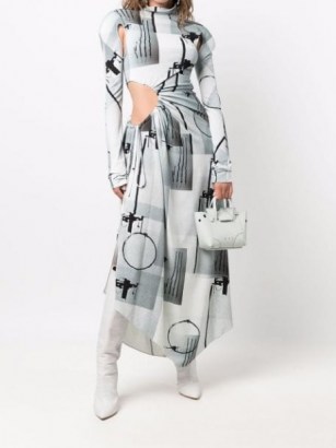 Off-White abstract-print cut-out long dress ~ long sleeve asymmetric hem dresses