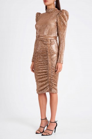 Lavish Alice open back sequin midi dress with bow detail in gold | glamorous puff sleeve party dresses | occasion glamour | shimmering sequinned event fashion