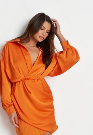 MISSGUIDED orange crinkle satin plunge shirt dress / long sleeve wrap style dresses - flipped