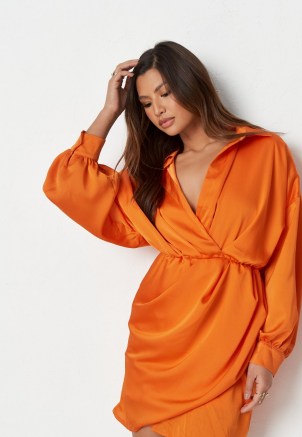 MISSGUIDED orange crinkle satin plunge shirt dress / long sleeve wrap style dresses
