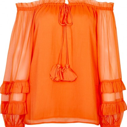 RIVER ISLAND Orange frill detail bardot top / sheer long sleeves / off the shoulder tops / bright boho blouses - flipped
