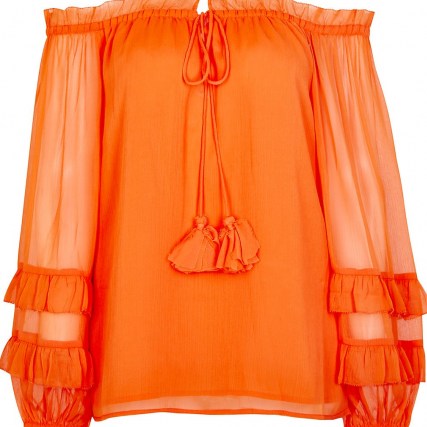 RIVER ISLAND Orange frill detail bardot top / sheer long sleeves / off the shoulder tops / bright boho blouses