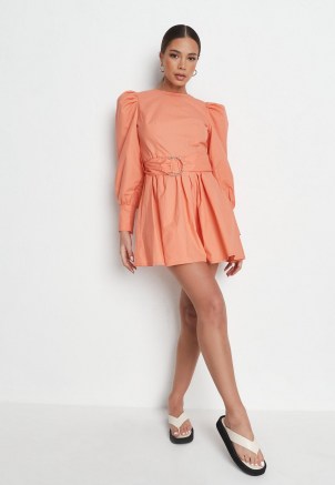 MISSGUIDED orange poplin puff sleeve belted mini dress - flipped