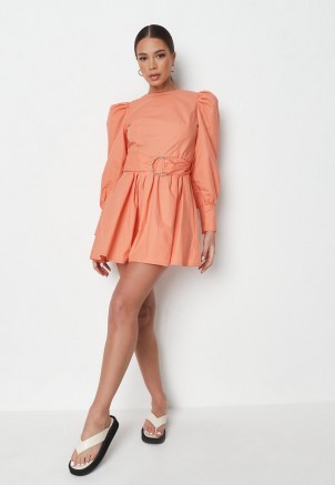 MISSGUIDED orange poplin puff sleeve belted mini dress