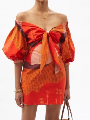 JOHANNA ORTIZ Santillana Del Llano puff-sleeve cotton mini dress – abstract print off the shoulder dresses - flipped
