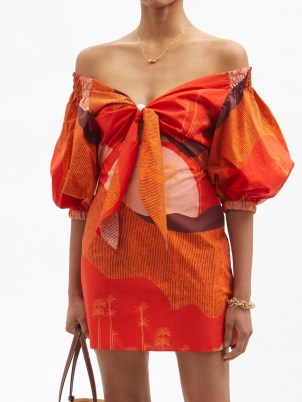 JOHANNA ORTIZ Santillana Del Llano puff-sleeve cotton mini dress – abstract print off the shoulder dresses