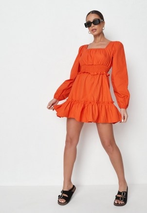 MISSGUIDED orange shirred waist tiered dress / bright square neck ruffle hem dresses / women’s on-trend fashion - flipped