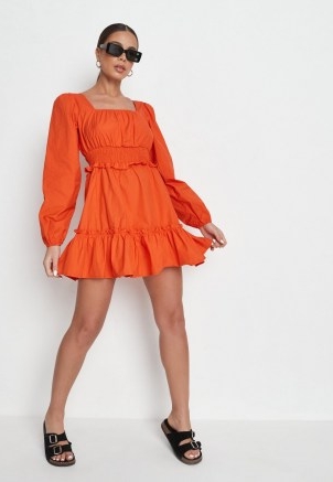 MISSGUIDED orange shirred waist tiered dress / bright square neck ruffle hem dresses / women’s on-trend fashion