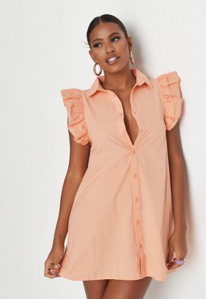MISSGUIDED peach poplin frill sleeveless shirt dress / ruffle sleeve dresses - flipped