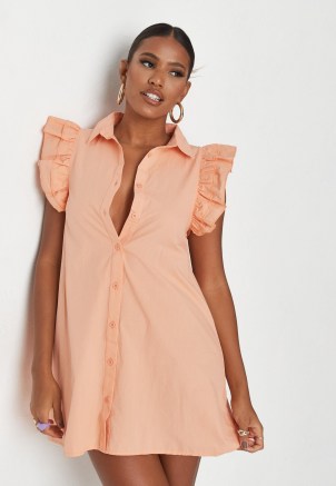 MISSGUIDED peach poplin frill sleeveless shirt dress / ruffle sleeve dresses