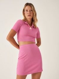 REFORMATION Peggy Two Piece Candy / pink fitted polo top and mini skirt set / womens casual fashion sets / lounge co ord / women’s loungewear co ords