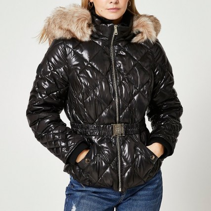 RIVER ISLAND Petite black quilted puffer coat / high shine belted faux fur tim coats - flipped