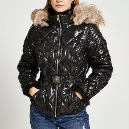RIVER ISLAND Petite black quilted puffer coat / high shine belted faux fur tim coats