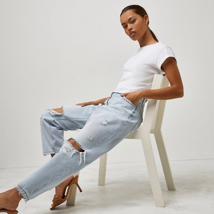 River Island Petite blue high waisted ripped mom jeans | womens destroyed denim fashion - flipped