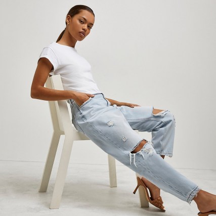 River Island Petite blue high waisted ripped mom jeans | womens destroyed denim fashion