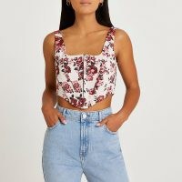 River Island Petite pink floral cropped corset top | sleeveless fitted bodice tops