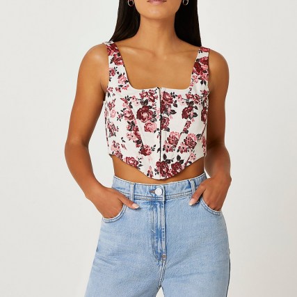 River Island Petite pink floral cropped corset top | sleeveless fitted bodice tops - flipped