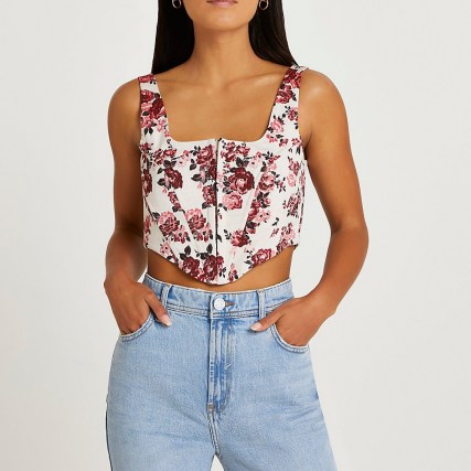 River Island Petite pink floral cropped corset top | sleeveless fitted bodice tops