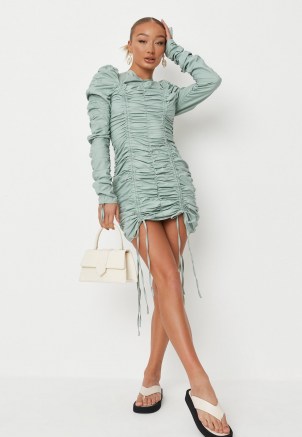 MISSGUIDED petite sage poplin ruched mini dress ~ green gathered puff sleeve dresses ~ womens on trend fashion
