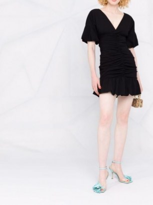 Philosophy Di Lorenzo Serafini V-neck peplum dress ~ ruched detail LBD ~ glamorous puff sleeve evening dresses - flipped
