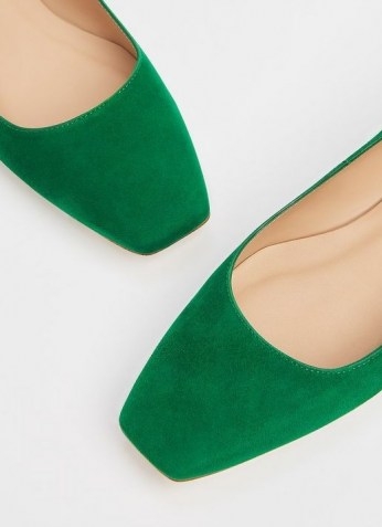 L.K. BENNETT PHYLLIS GREEN SUEDE FLATS / chic square toe ballerinas - flipped