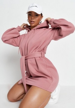 MISSGUIDED pink belted oversized hooded sweater dress ~ tie waist hoodie dresses
