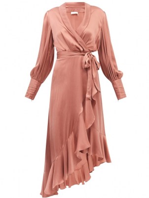 ZIMMERMANN Pink bishop-sleeve silk wrap midi dress ~ fluid fabric ruffle trim dresses ~ chic boho fashion
