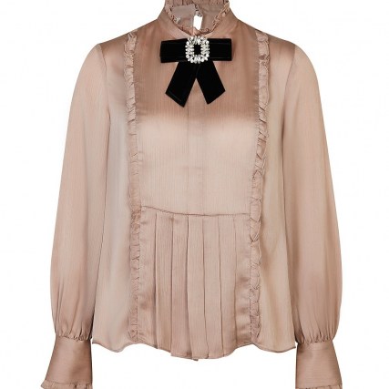 RIVER ISLAND Pink bow brooch collared blouse top ~ high neck embellished tops ~ womens romantic vintage style fashion - flipped