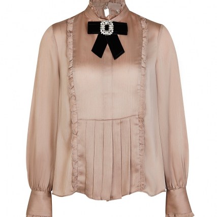 RIVER ISLAND Pink bow brooch collared blouse top ~ high neck embellished tops ~ womens romantic vintage style fashion