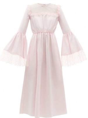 GIAMBATTISTA VALLI Pink chantilly lace-trim cotton-poplin midi dress ~ romantic wide sleeve dresses ~ flared sleeves ~ womens feminine designer fashion