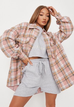 MISSGUIDED pink check brushed back oversized shacket ~ womens on trend checked shackets