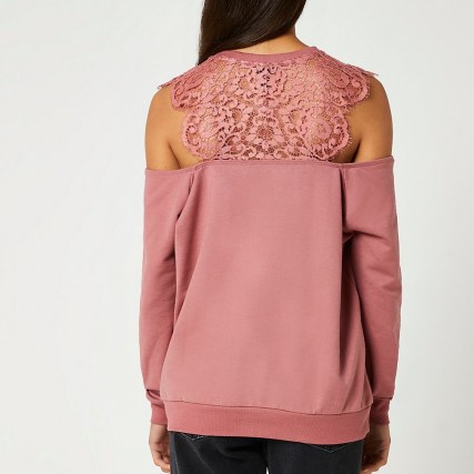 RIVER ISLAND Pink cold shoulder sweatshirt ~ lace panel sweatshirts - flipped