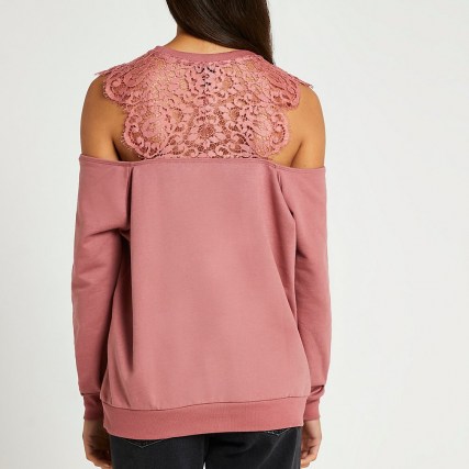 RIVER ISLAND Pink cold shoulder sweatshirt ~ lace panel sweatshirts