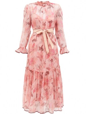 ZIMMERMANN Concert ruffled floral-print chiffon midi dress in pink ~ romantic ruffle trim dresses ~ feminine fashion - flipped