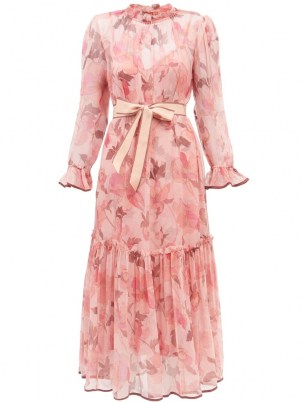 ZIMMERMANN Concert ruffled floral-print chiffon midi dress in pink ~ romantic ruffle trim dresses ~ feminine fashion