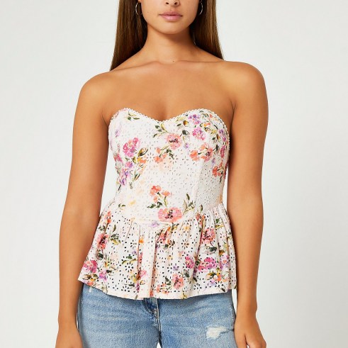 RIVER ISLAND Pink floral broderie corset / strapless fitted bodice peplum tops - flipped