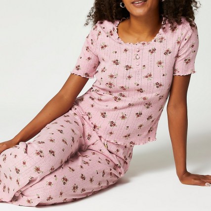 RIVER ISLAND Pink floral frill detail pyjama set / womens pretty PJs / women’s pyjamas / sleepwear / nightwear - flipped