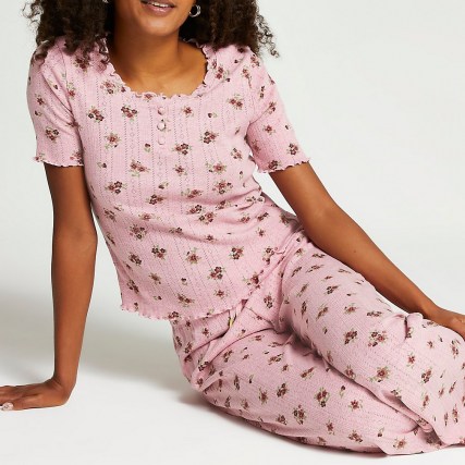 RIVER ISLAND Pink floral frill detail pyjama set / womens pretty PJs / women’s pyjamas / sleepwear / nightwear