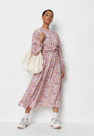 MISSGUIDED pink floral knot waist midi dress ~ feminine long sleeve dresses