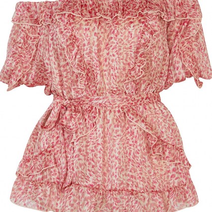 RIVER ISLAND Pink floral print frill bardot top ~ romantic off the shoulder tops ~ ruffled tie waist blouses ~ feminine fashion - flipped